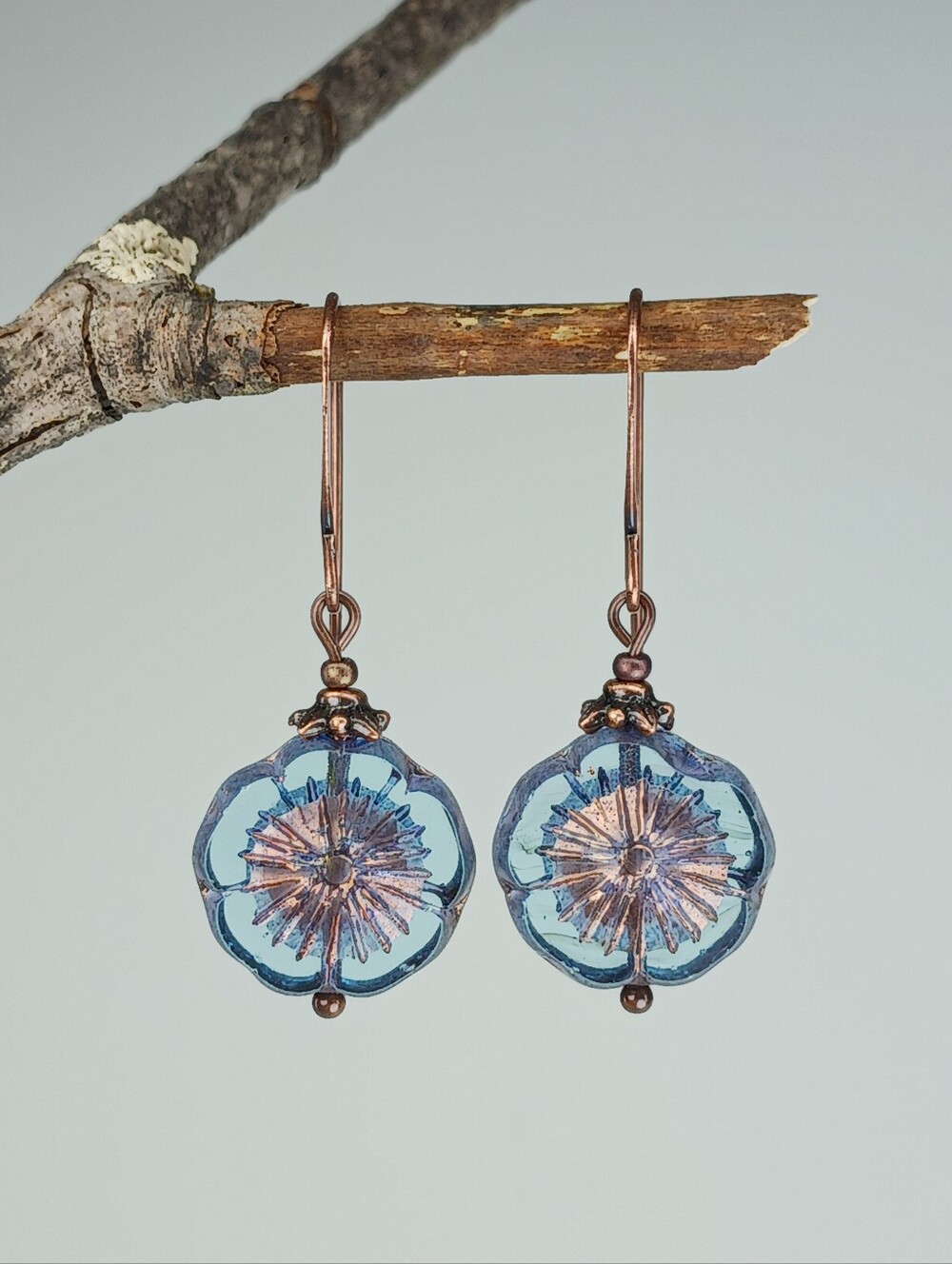 Blue Czech Glass Flower Earrings Copper Artisan Garden Jewelry Hand Crafted - Picture 5 of 7